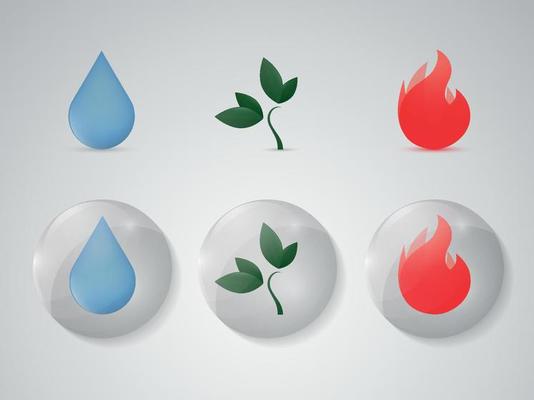 Nature Icons. water, plant, fire. Colour icons set with transparent ball