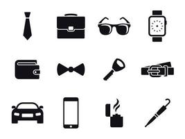 iconos de accesorios de hombre. Negro sobre un fondo blanco vector