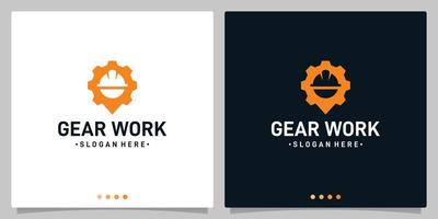 Gear logo and the shape of a construction workers hat with location design logo template. Premium Vector