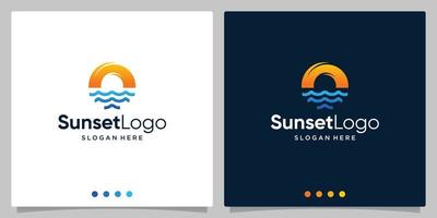 Abstract Vintage Circular Sun and Sea Wave Logo. Flat Vector Logo Design Template Element.