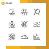 conjunto de 9 iconos de interfaz de usuario modernos signos de símbolos para el lanzamiento de negocios de bodas de inicio de naves espaciales elementos de diseño de vectores editables