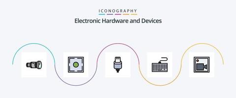 paquete de iconos de 5 planos llenos de línea de dispositivos que incluye cámara. llaves. punto. teclado. iluminación vector