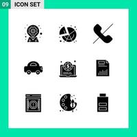 Set of 9 Commercial Solid Glyphs pack for dollar travel graph car phone Editable Vector Design Elements