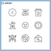 User Interface Pack of 9 Basic Outlines of clock faint ready emotion bag Editable Vector Design Elements