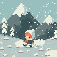 Small cute character bundled up in nature with snow and ice while snowing vector