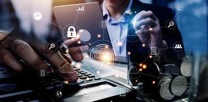 businessmen Fingerprint scanning and biometric authentication, processing of biometric for access personal data. surveillance and security scanning of digital programs cyber futuristic applications photo