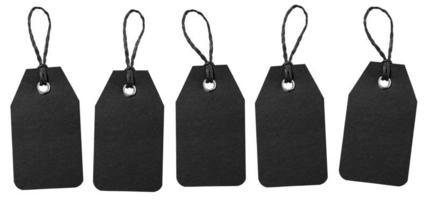Set of Blank black price tag with string isolated on white background. Template mock up photo