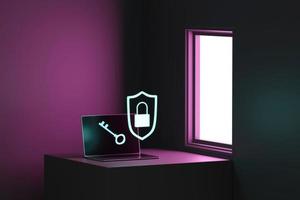Laptop with key and security concept 3d rendering photo