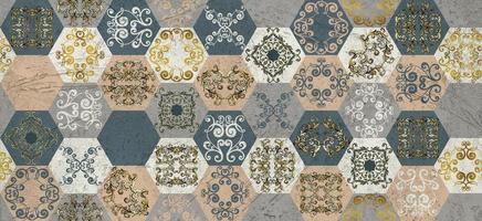 Digital tiles design.  3D render Colorful ceramic wall tiles decoration. Abstract damask patchwork seamless pattern with geometric and floral ornaments, Vintage tiles intricate details photo