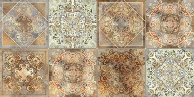 Digital tiles design.  3D render Colorful ceramic wall tiles decoration. Abstract damask patchwork seamless pattern with geometric and floral ornaments, Vintage tiles intricate details photo