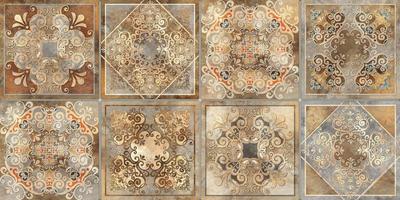Digital tiles design.  3D render Colorful ceramic wall tiles decoration. Abstract damask patchwork seamless pattern with geometric and floral ornaments, Vintage tiles intricate details photo