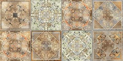 Digital tiles design.  3D render Colorful ceramic wall tiles decoration. Abstract damask patchwork seamless pattern with geometric and floral ornaments, Vintage tiles intricate details photo