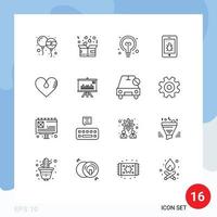 Mobile Interface Outline Set of 16 Pictograms of like heart love bug mobile Editable Vector Design Elements