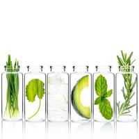 cuidado casero de la piel con ingredientes naturales hierba de trigo, aguacate, aloe vera, hojas de menta, centella asiática y romero en botellas de vidrio aisladas sobre fondo blanco. foto