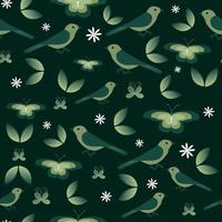 patrón vectorial sin costuras con pájaros y mariposas sobre fondo verde vector