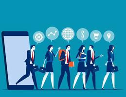 Business people group and analysis program marketing. Concept buisness referral marketing vector illustration, CUstomers walking out of smartphone