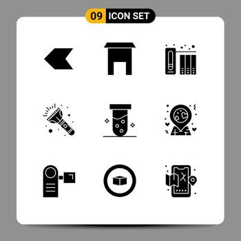Group of 9 Modern Solid Glyphs Set for biochemistry lab archive tube light Editable Vector Design Elements