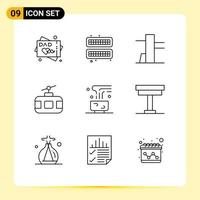 Set of 9 Commercial Outlines pack for mug food and restaurant cable car food travel Editable Vector Design Elements