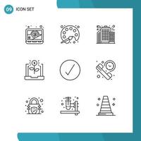 Editable Vector Line Pack of 9 Simple Outlines of complete check city investment economy Editable Vector Design Elements