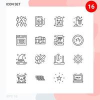 Pack of 16 Modern Outlines Signs and Symbols for Web Print Media such as web page creative shower water Editable Vector Design Elements