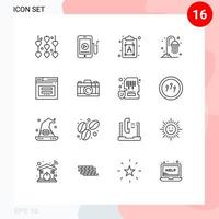 paquete de 16 signos y símbolos de contornos modernos para medios de impresión web, como elementos de diseño de vectores editables de agua de ducha creativa de página web