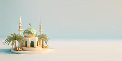 saludo ramadán con ilustración de mezquita 3d y palmeras foto