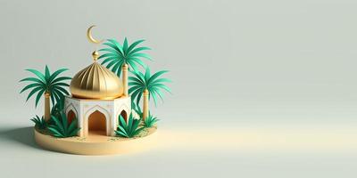 Ramadan Background with 3D Illustration of Mosque and Palm Trees photo