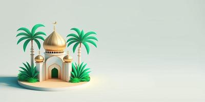 3D Mini Mosque with Golden Minaret for Ramadan Background photo