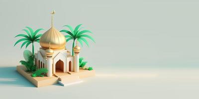 3D Mini Mosque with Golden Dome for Ramadan Banner photo