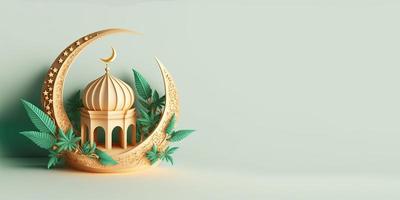 Golden 3D Mosque Illustration and Crecent Moon for Islamic Banner photo