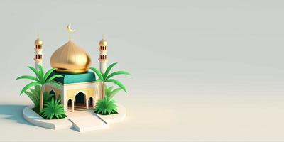 Ramadan Background with 3D Illustration of Mosque and Palm Trees photo