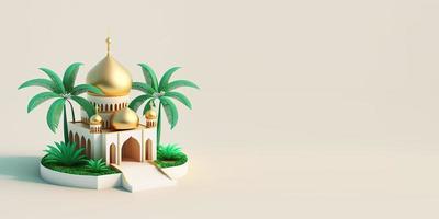 3D Mini Mosque with Golden Dome for Ramadan Banner photo