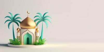 Ramadan Background with 3D Illustration of Mosque and Palm Trees photo