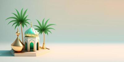 3D Mini Mosque with Golden Dome for Ramadan Banner photo