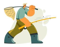 Man with net and fishing rod, fisherman hobby vector