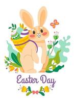 Easter day, bunny with basket of colored eggs vector