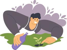 hombre jardinería cuidando plantas crecimiento vector