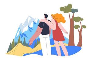 pareja que viaja en verano, vector de vistas a las montañas