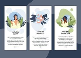 Natural beauty and organic cosmetics, skincare and treatment with lotions and creams with healthy ingredients for body and face. Story or post in social media, rectangular formats. Vector in flat