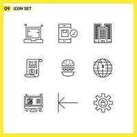 Group of 9 Modern Outlines Set for burger dollar device attachment office Editable Vector Design Elements