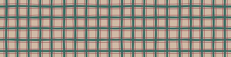 Checkered hand drawn seamless pattern with green stripes on beidge background. Vector illustration.
