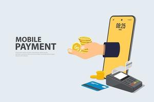 Concept Online and mobile payments Vector illustration pos terminal confirms the payment
