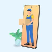 Online food delivery design. Young courier delivering box order. Cartoon vector illustration.