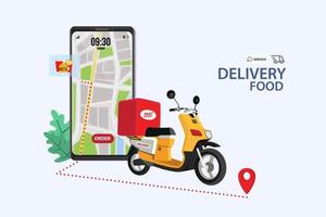 Food delivery app on a smartphone tracking a delivery on a moped with a ready meal, technology and logistics concept, city skyline in the background vector