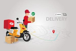 Fast delivery by scooter on mobile. E-commerce concept. Online food order infographic. Webpage, app design. Gray background. Perspective vector