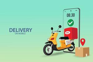 Fast delivery by Man on mobile. E-commerce concept. Online food order infographic. Webpage, app design. Pink and Blue background. Perspective vector