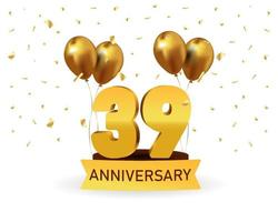 Números de oro del 39 aniversario con confeti dorado. plantilla de fiesta de evento de aniversario de celebración. vector