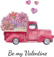 tarjeta de san valentín acuarela con camión retro con flores y globos. ilustración de coche rosa de san valentín con flores y corazones. coche acuarela romance. vector