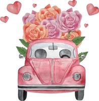 Watercolor retro car with roses and hearts. Valentine's day vintage car illustration with flowers and hearts. Romance watercolor car. vector