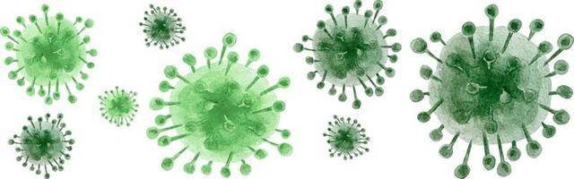 célula de coronavirus acuarela. un conjunto de tres imágenes estilizadas de virus. virus verde con manchas y trazos. vector